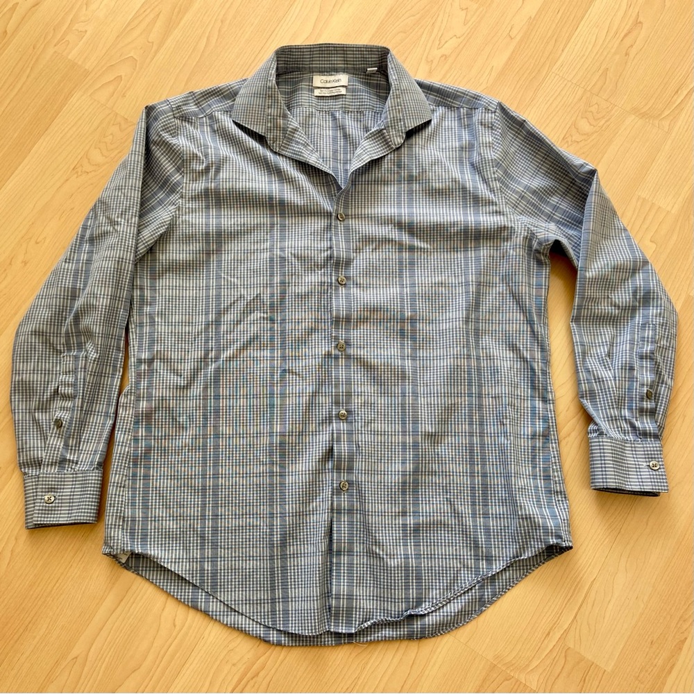 Calvin Klein Non Iron Slim Fit Button-Down Shirt Blue Plaid 100% Cotton Oeko-Tex